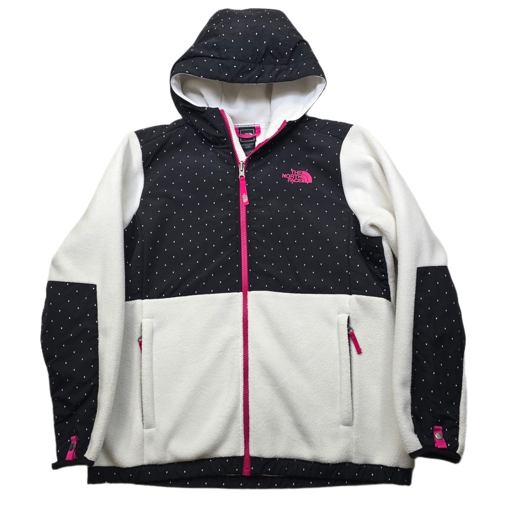 The North Face Fleece Hoodie Jacket Girls XL 18 Black‎ White Polka Dot Pink Zip